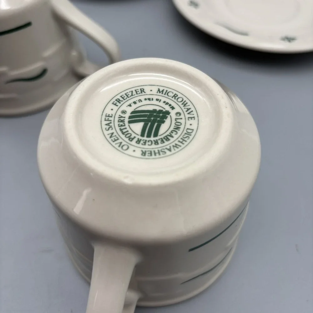 Longaberger Pottery Woven Traditions Classic w/ Green - Coffee Cup & Saucer Set2